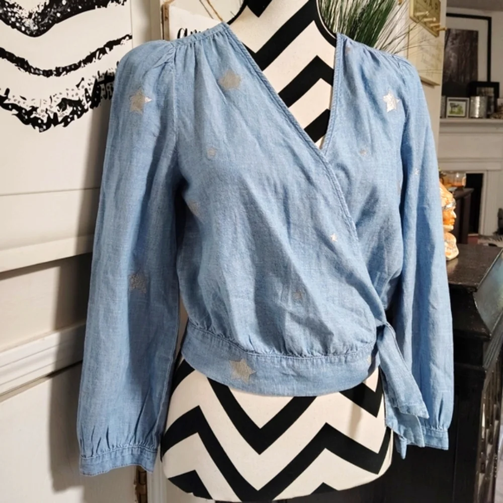 NWT J. Crew Denim Blue Chambray Wrap Blouse Indigo Star Print Women's XS NEW!